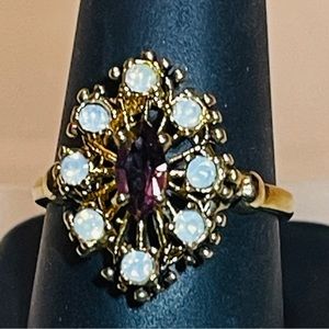 🍇SALE!!!!! Vintage Look Marquise cut Amethyst & Opal 925 Silver/GP Dinner Ring!